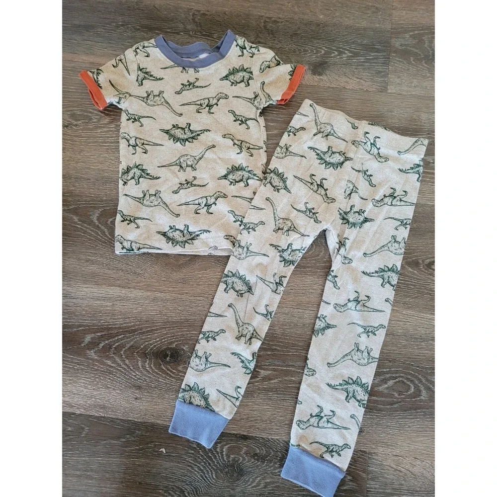 Old Navy Toddler Boys Dinosaur Pajama Set 4T Oatmeal Short Sleeve Long Pants #3